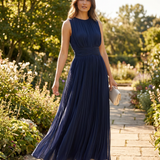 Ruched Chiffon Crew Neck Sleeveless A-Line Maxi Dress for Women