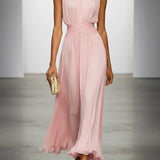 Ruched Chiffon Crew Neck Sleeveless A-Line Maxi Dress for Women