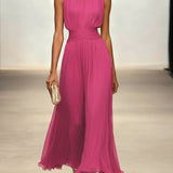 Ruched Chiffon Crew Neck Sleeveless A-Line Maxi Dress for Women