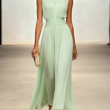 Ruched Chiffon Crew Neck Sleeveless A-Line Maxi Dress for Women