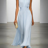 Ruched Chiffon Crew Neck Sleeveless A-Line Maxi Dress for Women