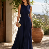 Ruched Chiffon Crew Neck Sleeveless A-Line Maxi Dress for Women