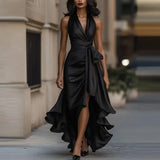 Satin Evening Dress – Elegant Off-Shoulder V-Neck Formal Gown