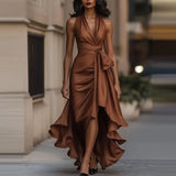 Satin Evening Dress – Elegant Off-Shoulder V-Neck Formal Gown
