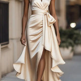 Satin Evening Dress – Elegant Off-Shoulder V-Neck Formal Gown
