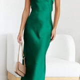 Strapless Bandeau Satin Bias-Cut Long Evening Dress with Column Skirt