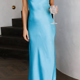 Strapless Bandeau Satin Bias-Cut Long Evening Dress with Column Skirt