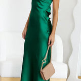 Strapless Bandeau Satin Bias-Cut Long Evening Dress with Column Skirt