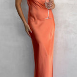 Strapless Bandeau Satin Bias-Cut Long Evening Dress with Column Skirt