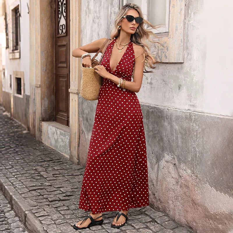 Summer Polka Dot Maxi Dress – Backless Deep V Neck for Warm-Weather Outings