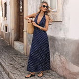 Summer Polka Dot Maxi Dress – Backless Deep V Neck for Warm-Weather Outings