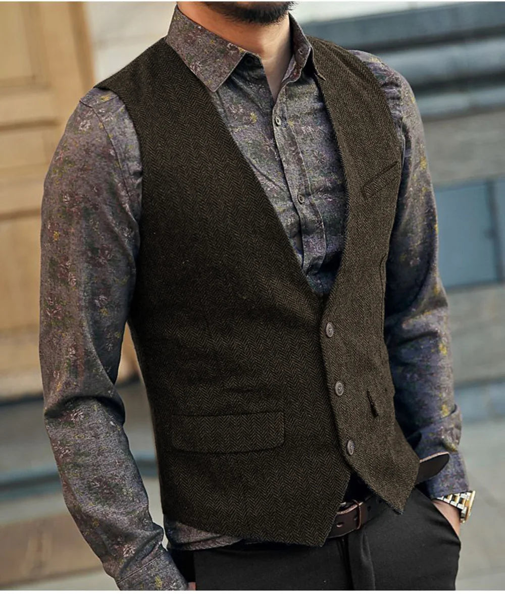 Tweed Waistcoat – Vintage Herringbone Style for Formal Occasions