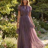 Vintage Spliced Maxi Dress – Elegant Stand Collar & Lantern Sleeves for Formal Events