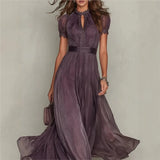 Vintage Spliced Maxi Dress – Elegant Stand Collar & Lantern Sleeves for Formal Events