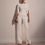 Women's Elegant Wide Leg Jumpsuit with Pearl Trim Boat Neck