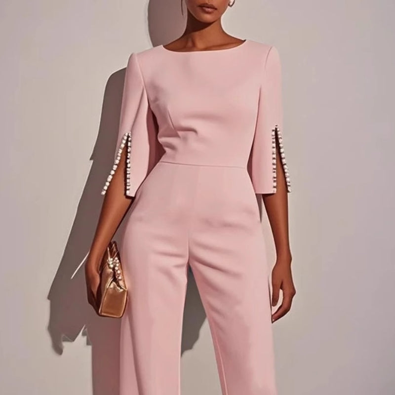 Women's Elegant Wide Leg Jumpsuit with Pearl Trim Boat Neck