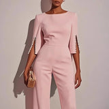 Women's Elegant Wide Leg Jumpsuit with Pearl Trim Boat Neck