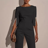 Women's Elegant Wide Leg Jumpsuit with Pearl Trim Boat Neck