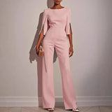 Women's Elegant Wide Leg Jumpsuit with Pearl Trim Boat Neck