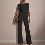 Women's Elegant Wide Leg Jumpsuit with Pearl Trim Boat Neck