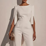 Women's Elegant Wide Leg Jumpsuit with Pearl Trim Boat Neck