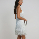 Women's Feather Hem Mini Dress – Shimmering Fringe Party Wear with Spaghetti Straps