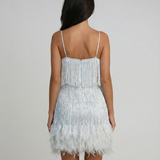 Women's Feather Hem Mini Dress – Shimmering Fringe Party Wear with Spaghetti Straps