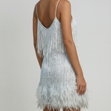 Women's Feather Hem Mini Dress – Shimmering Fringe Party Wear with Spaghetti Straps