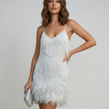 Women's Feather Hem Mini Dress – Shimmering Fringe Party Wear with Spaghetti Straps