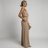 Women's Halter Neck Collared Twist Front Belted Wide Leg Jumpsuit