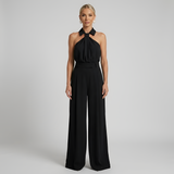 Women's Halter Neck Collared Twist Front Belted Wide Leg Jumpsuit