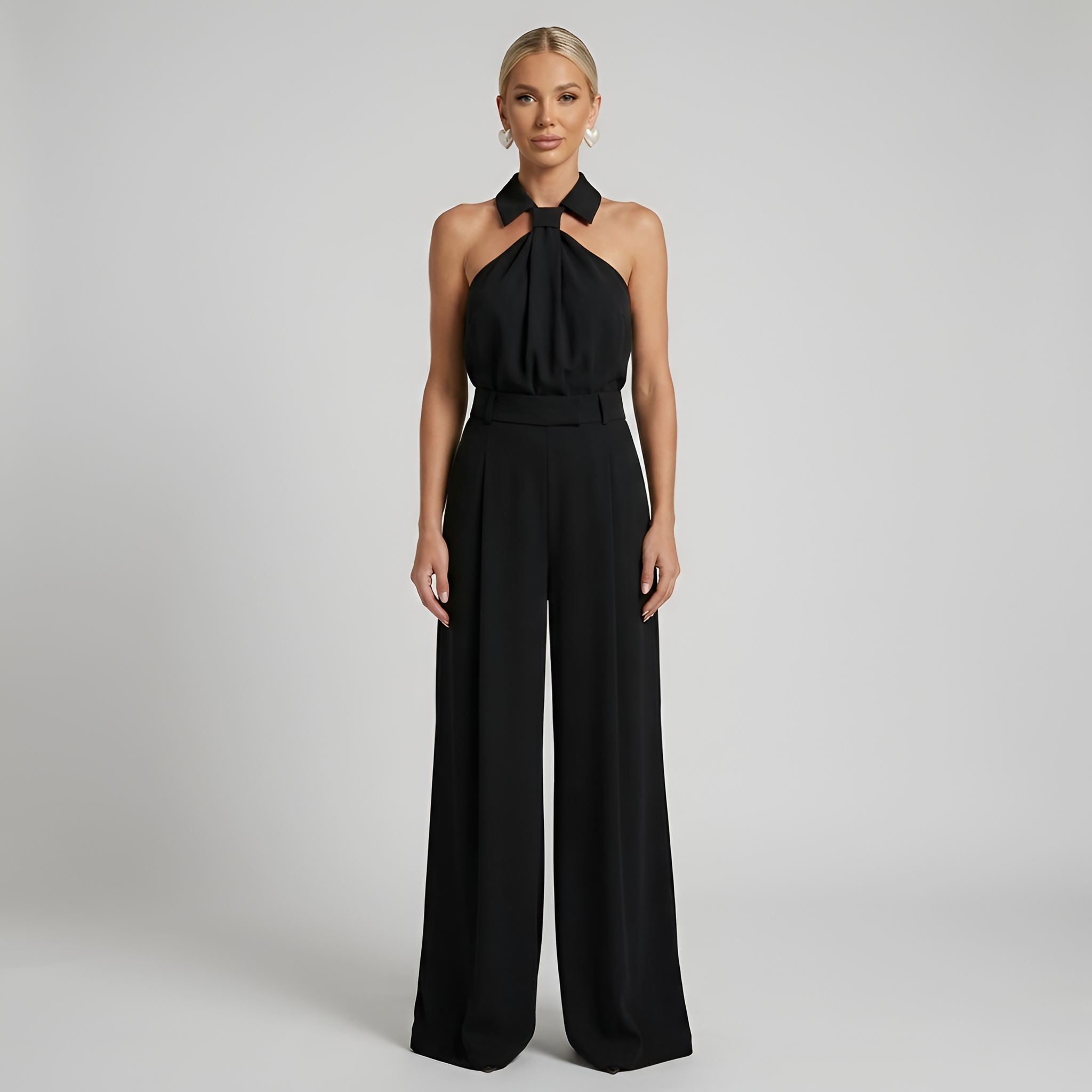 Women's Halter Neck Collared Twist Front Belted Wide Leg Jumpsuit