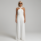 Women's Halter Neck Collared Twist Front Belted Wide Leg Jumpsuit
