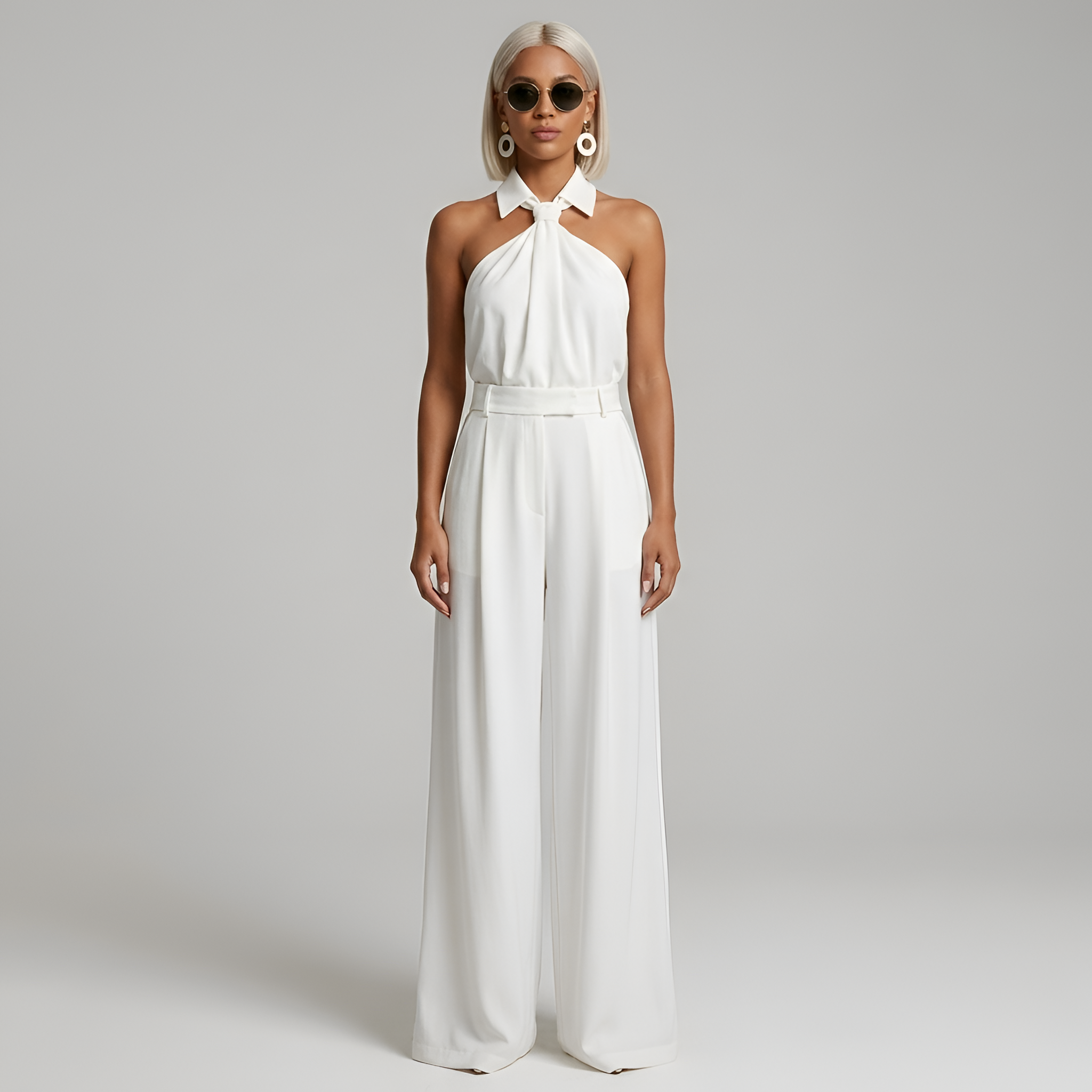 Women's Halter Neck Collared Twist Front Belted Wide Leg Jumpsuit