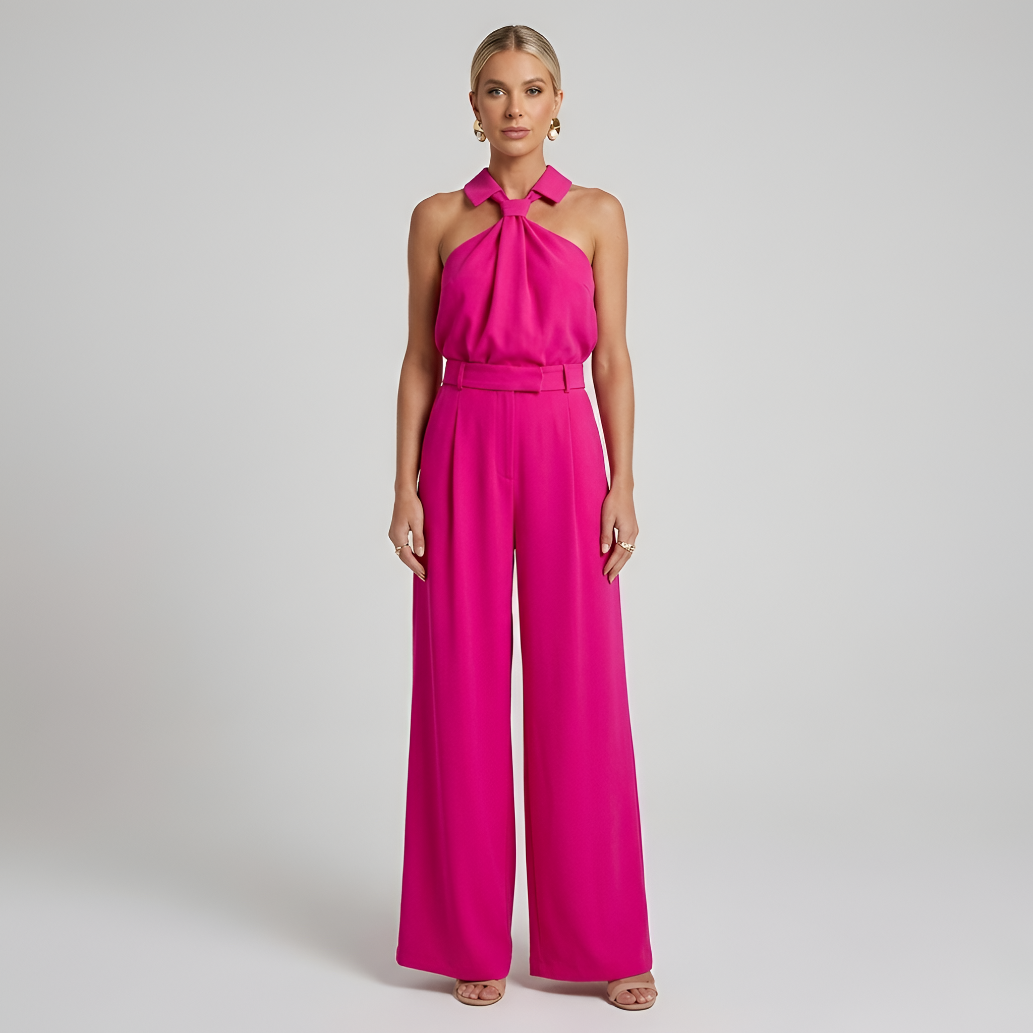 Women's Halter Neck Collared Twist Front Belted Wide Leg Jumpsuit