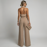 Women's Halter Neck Collared Twist Front Belted Wide Leg Jumpsuit