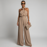 Women's Halter Neck Collared Twist Front Belted Wide Leg Jumpsuit