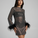 Women's Sheer Embellished Mini Dress – Sparkly Mesh Evening Wear with Feather Cuffs