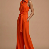 Women's Sleeveless Collar Neck Wide Leg Jumpsuit with Button Front and Waist Tie