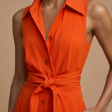 Women's Sleeveless Collar Neck Wide Leg Jumpsuit with Button Front and Waist Tie