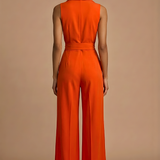Women's Sleeveless Collar Neck Wide Leg Jumpsuit with Button Front and Waist Tie