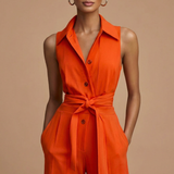 Women's Sleeveless Collar Neck Wide Leg Jumpsuit with Button Front and Waist Tie
