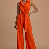 Women's Sleeveless Collar Neck Wide Leg Jumpsuit with Button Front and Waist Tie