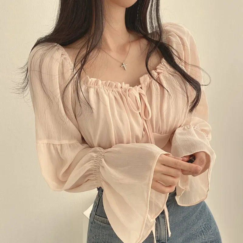 Women's White Blouse – Romantic Ruched Long Sleeve Summer Top