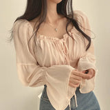 Women's White Blouse – Romantic Ruched Long Sleeve Summer Top