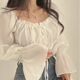 Women's White Blouse – Romantic Ruched Long Sleeve Summer Top