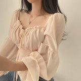 Women's White Blouse – Romantic Ruched Long Sleeve Summer Top